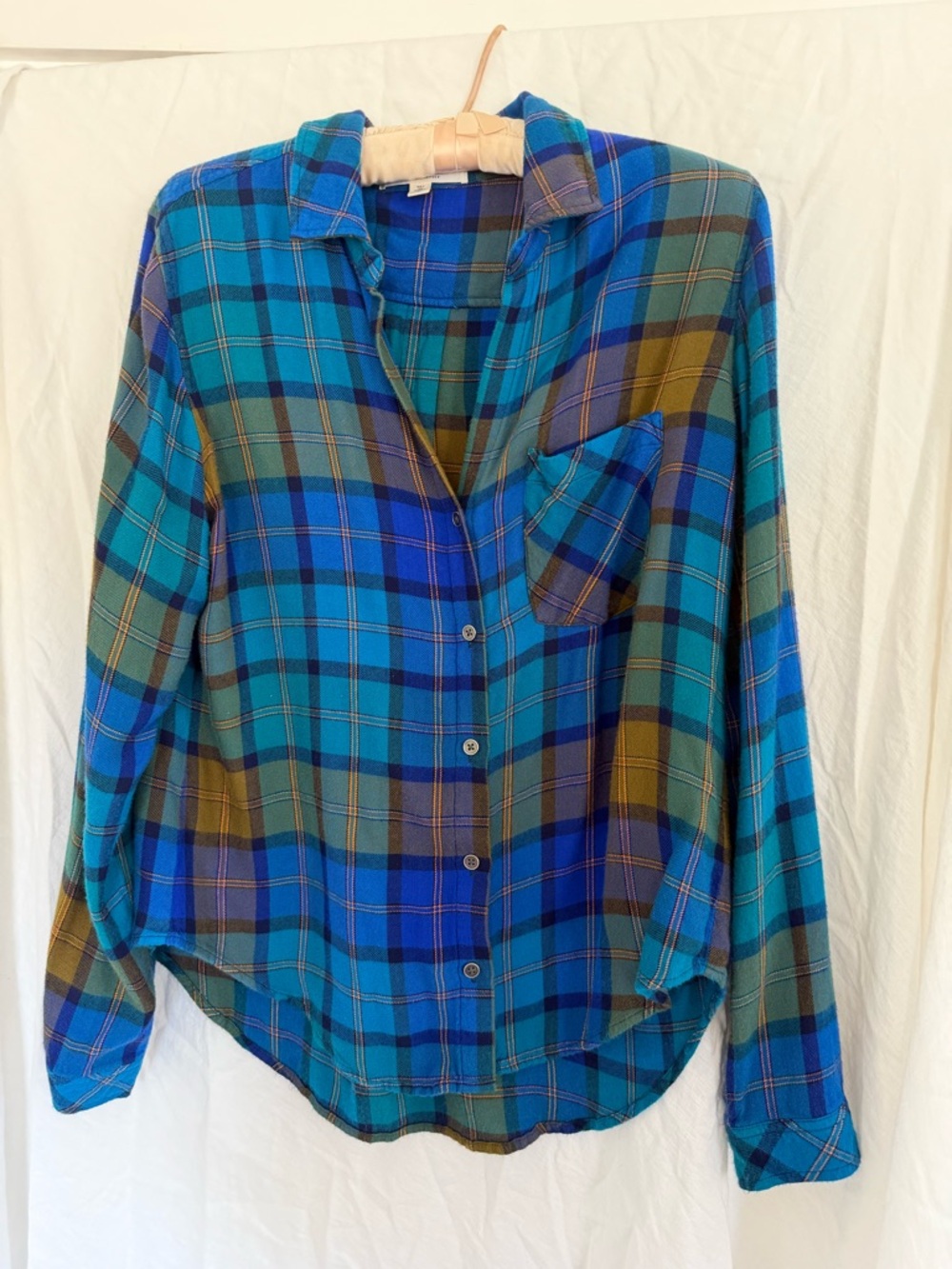 cloth & stone Anthropologie Teal Blue Olive Plaid Button-Up Blouse, medium